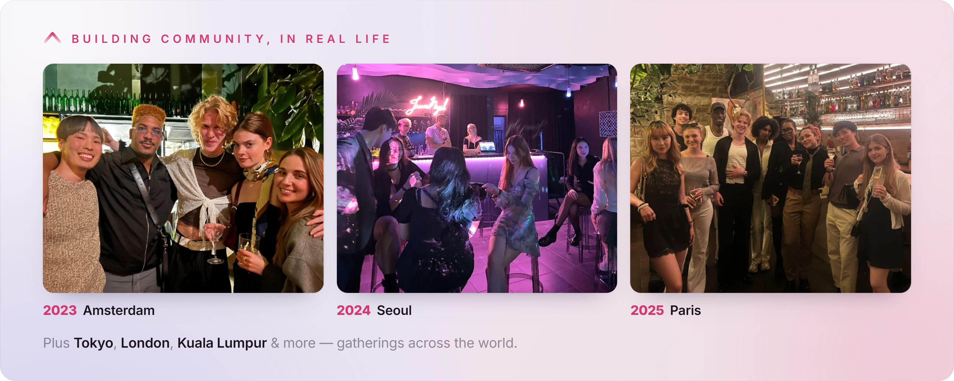 IMAGE 04 — Building community in real life: Amsterdam, Seoul, Paris